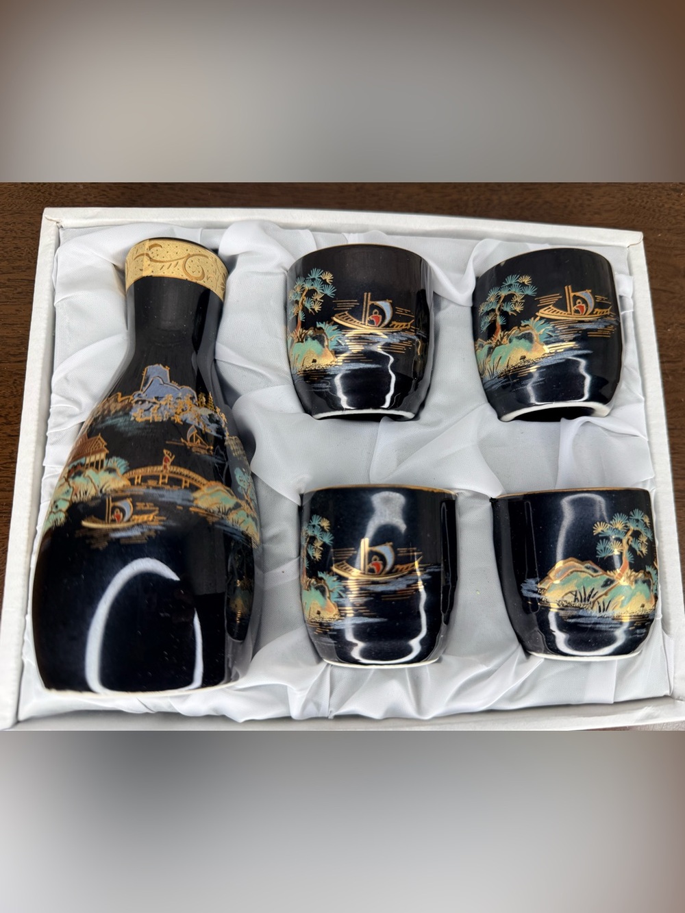 Vintage Japan Sake Set Black Gold Landscape Tokkuri 4 Cups Japanese MCM